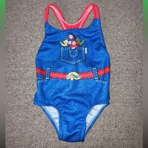Vintage Teletubbies Baby Girl’s Blue Denim Print One-Piece Swimsuit 18 months